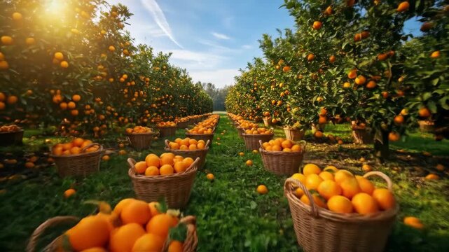 Baskets of freshly picked ripe oranges sit in an orchard on a sunny day during a successful harvest at a beautiful and productive citrus farm