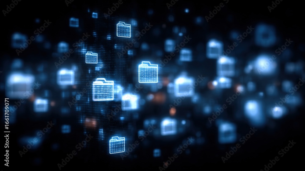 Poster abstract network grid with files and folders, futuristic software interface, digital document manage