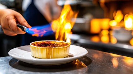 Chef caramelizing dessert with a flame torch in a bustling kitchen, showcasing culinary skills and techniques