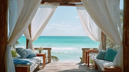 Obraz premium Tranquil seaside view from a cozy deck with flowing curtains and plush seating overlooking a sparkling turquoise ocean