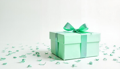 Mint green gift box with ribbon and confetti on white background  