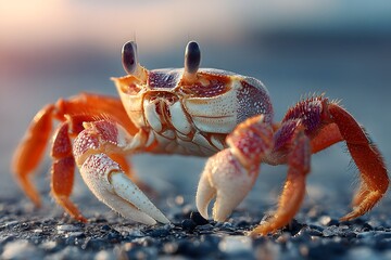 Sharp, eye-level macro photograph of a crab on an asphalt surface. The creature is in a defensive posture with its claws raised, showing detailed texture.