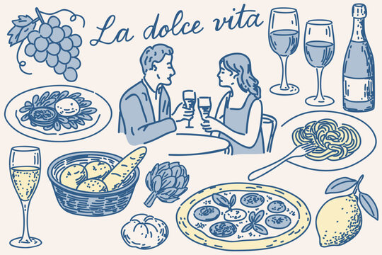 La dolce vita. Hand-drawn food and wine or champagne, with a sketch style depiction of lunch or dinner scenes, perfect for wedding invitations