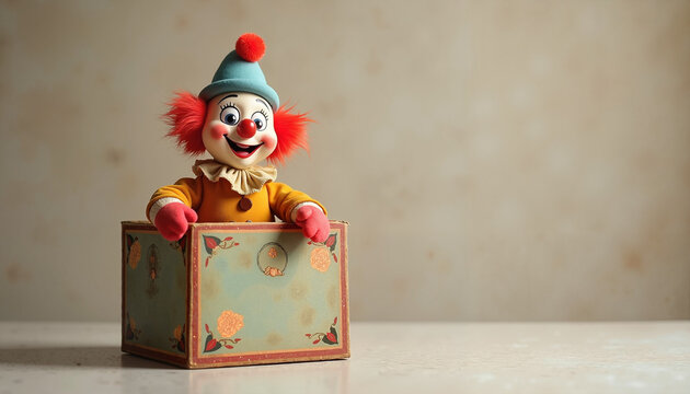 Colorful clown puppet smiling in a decorative box with floral design