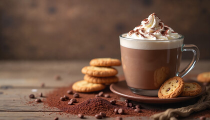 Hot chocolate with whipped cream and cookies on wooden table  