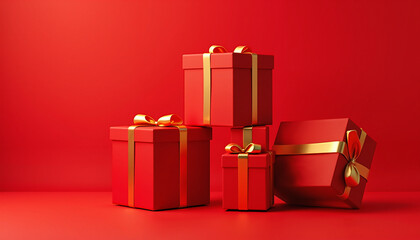 Red gift boxes with gold ribbons on solid red background  