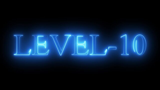 Level-10 text font with glowing neon line. level-10 neon bright text font colorful 4k video animation.  Level-10 text font with neon light Animation on black background and blue color text..