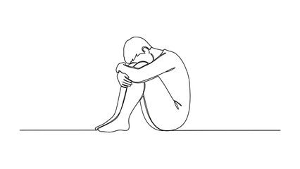 Fototapeta premium Solitary Contemplation: A minimalist line drawing poignantly portrays a person in a fetal position, embodying introspection and solitude, inviting viewers to reflect on vulnerability, resilience.