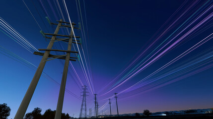 Fototapeta premium Electricity Visualized as Neon Ribbons on Powerlines at Night