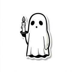 Fototapeta premium Cute Halloween Ghost Holding Candle Sticker – Creepy Vector with Thick Black Outline Isolated on White Background