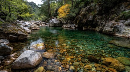 Obraz premium Serene Mountain Stream with Crystal Clear Water and Colorful Autumn Foliage in a Tranquil Natural Setting