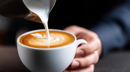 A barista skillfully pouring steamed milk into a coffee cup, creating intricate latte art in a cozy café