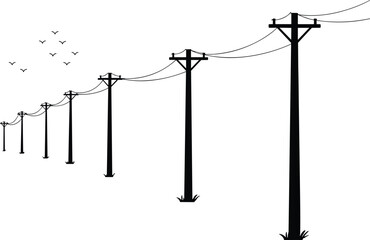 Silhouette of electric utility poles, power lines stretching into distance, rural landscape illustration, minimalist black and white power line scene