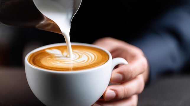 A barista skillfully pouring steamed milk into a coffee cup, creating intricate latte art in a cozy café - Powered by Adobe
