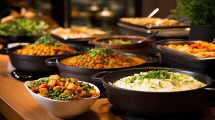 Obraz premium A vibrant buffet spread featuring a variety of dishes, with colorful ingredients and garnishes