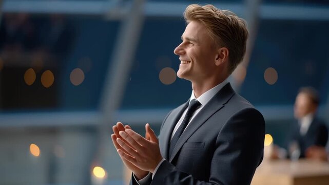 Businessman suit clapping hands happy during company meeting q4 reports inspire confidence positive outlook office event motivation growth