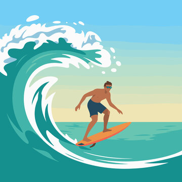 Vector Illustration of Surfer Riding Ocean Waves in Tropical Beach Scene