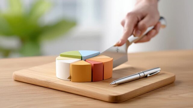 Q4 company business report finance analysis with colorful pie chart on wooden board and pen showing detailed company data insights