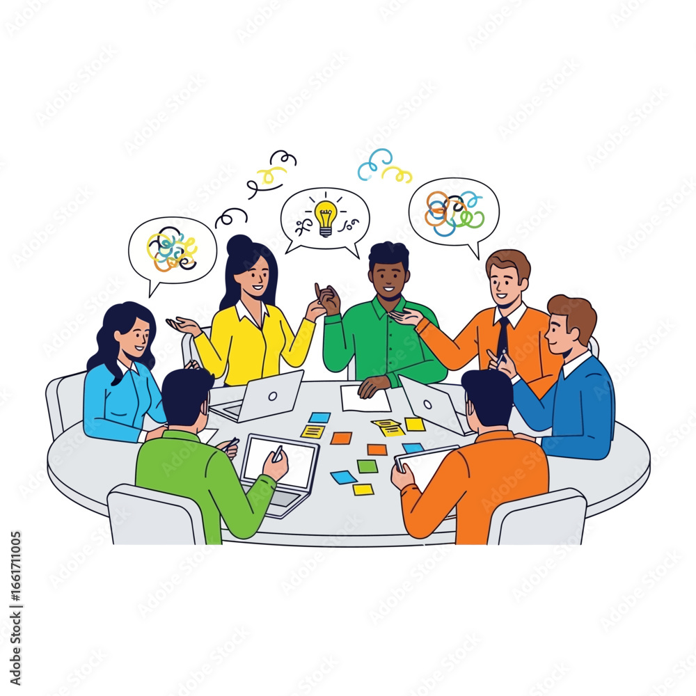 Poster brainstorming circle: a diverse team of professionals collaborate in a modern workspace setting. tho
