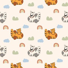 Tiger and zebra in airplane cartoon so cute. On mountain cloud rainbow background. Pattern seamless vector illustration. 