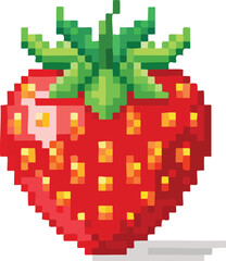 Obraz premium Pixel art illustration of a strawberry fruit in retro 16-bit game style with blocky pixels, red body, yellow seeds, and green leaves, perfect for nostalgic gaming and digital art.