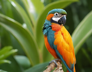 Obraz premium Colorful Parrot Sitting Alone on Tree Branch in Tropical Forest. Beautiful Macaw with Bright Feathers Perched on Branch. Single Exotic Parrot Bird in Natural Jungle Habitat. Vibrant Tropical Parrot Re
