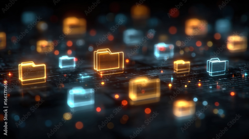 Poster abstract network grid with files and folders, futuristic software interface, digital document manage