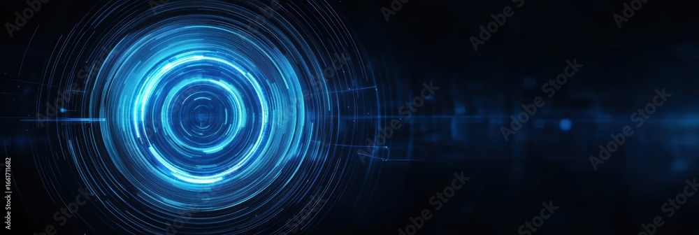 Poster abstract blue dynamic circle lines creating a luminous visual effect on a dark background