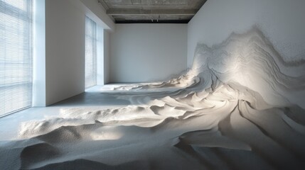 Abstract installation of countless shining particles forming flowing waves and dunes across a vast minimalist room interior.