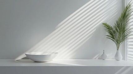 A bright bathroom showcases a white sink with a chrome faucet, complemented by decorative plants, creating a harmonious minimalist aesthetic