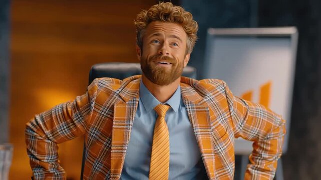 Confident man in orange plaid jacket reviews q4 company business reports with thoughtful expression in modern office environment and smiles