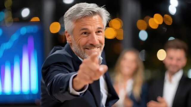 Excited businessman male gray suit with beard and hair pointing forward celebrating q4 company reports success with applauding colleagues modern