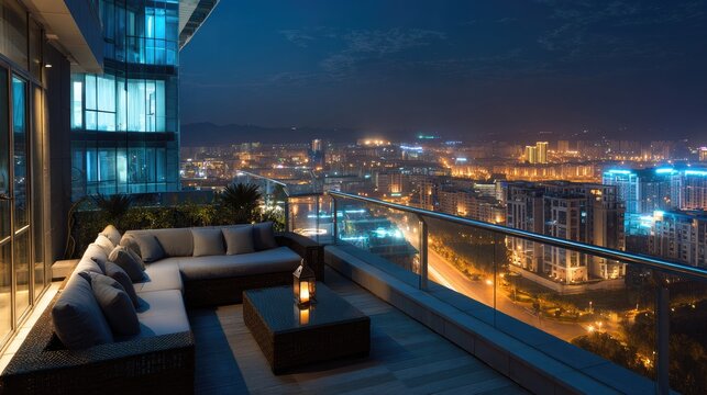 Stylish urban balcony at night with city lights and modern furniture overlooking a vibrant metropolis skyline view