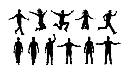 Silhouette of Diverse Human Actions: A dynamic visual, featuring a collection of silhouettes showcasing a spectrum of actions, from leaping and running to standing, conveying energy, motion.