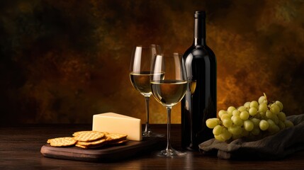 Elegant wine and cheese setup with glasses, crackers, and grapes on a rustic wooden table, warm background