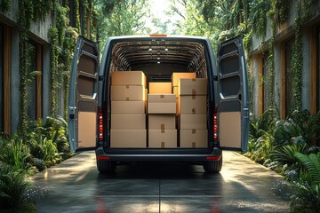 Delivery van loaded with cardboard boxes in a lush outdoor setting during daytime