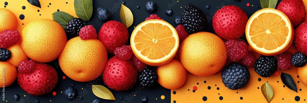 Poster vibrant abstract graphic layout featuring an array of fruits on contrasting backgrounds