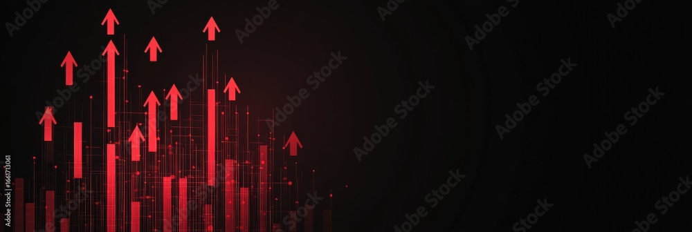Poster dynamic abstract design featuring upward arrows and charts in shades of red on a dark background