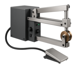 Compact longitudinal seam welder with a foot pedal control for small batch production in a metal workshop