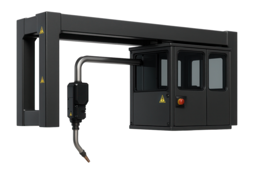 Compact welding gantry with enclosed control cabin for automated welding in automotive assembly lines