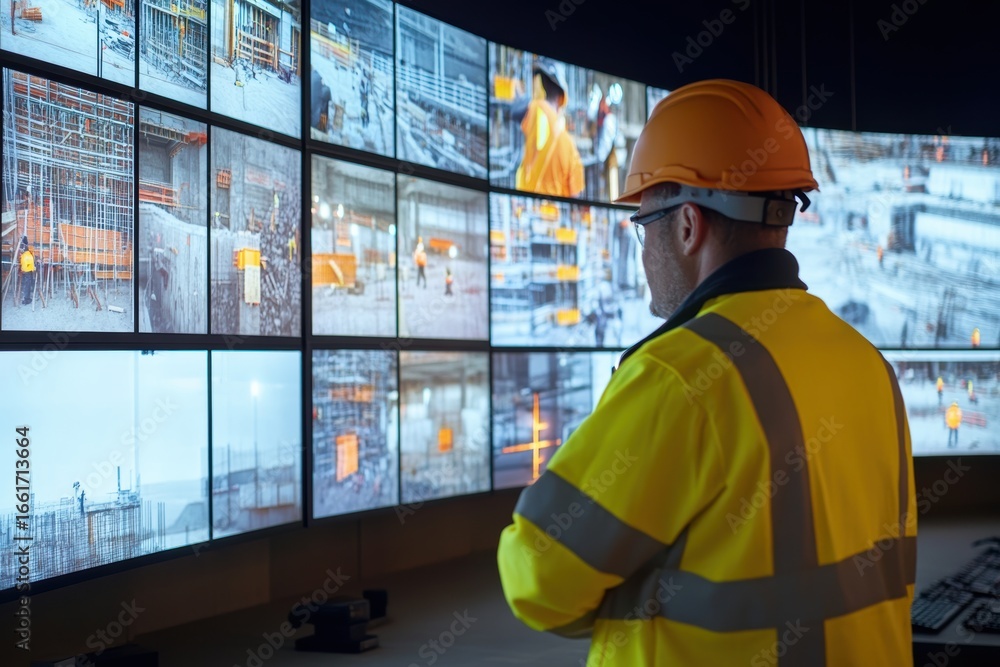 Poster monitoring construction progress through multiple screens in a control room setting