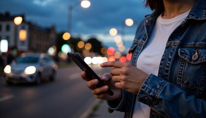 Woman Using Smartphone at Night Street