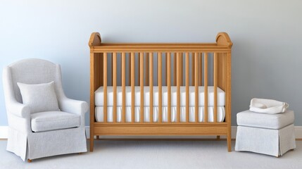 A serene nursery with a wooden crib, cozy armchair, and soft carpet, perfect for welcoming a newborn into a peaceful environment