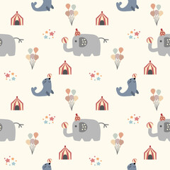 Elephant and seal play ball of circus cartoon so cute. On tent balloon star background. Pattern seamless vector illustration.  © Therdsak