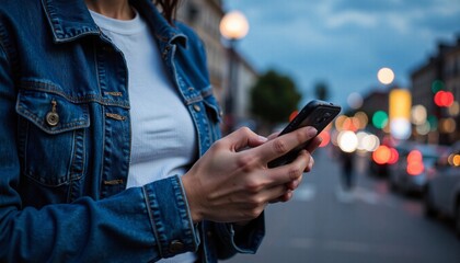 Woman Using Smartphone on City Street at Night