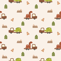 Dinosaur on truck cartoon so cute. On mountain tree traffic cone background. Pattern seamless vector illustration. 