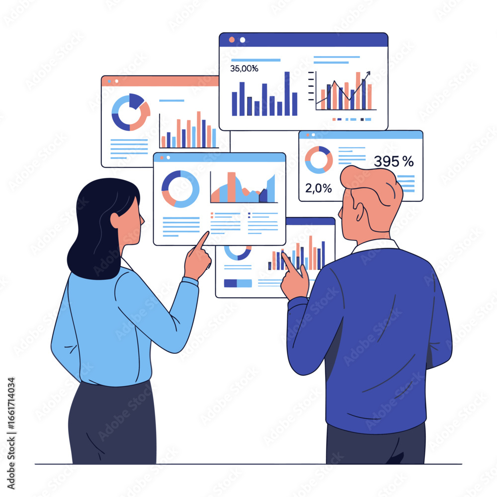 Poster business analytics: a dynamic illustration of two individuals engrossed in the analysis of intricate