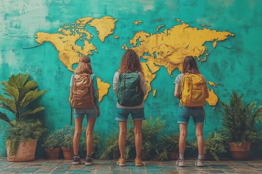 Exploring global destinations with friends against a vibrant world map backdrop
