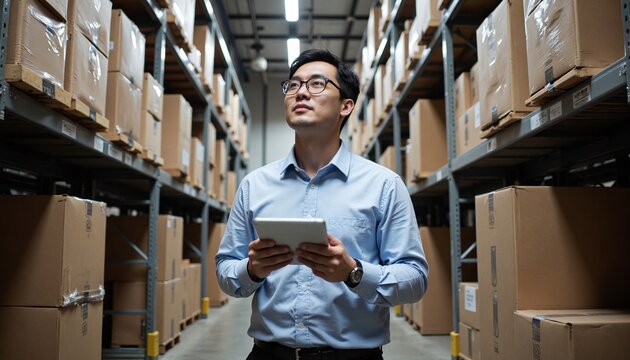 Warehouse Manager Inspecting Inventory with Tablet