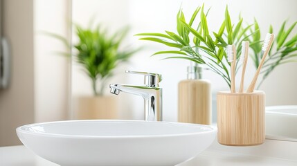 Fototapeta premium A white table holds green plants and toothbrushes in front of a sink, creating a clean and inviting bathroom environment